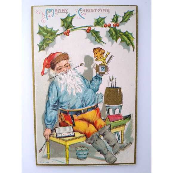 Santa Claus Christmas Postcard Painting Jack In The Box Toy Paint Brush B 100 - Picture 2 of 3